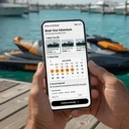 Hands holding a phone to book a jet ski rental